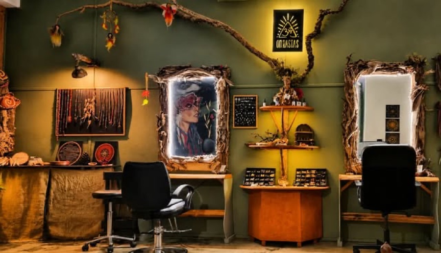 Interior do estúdio Om Rastas em Santa Apolónia, Lisboa, com espelhos e cadeiras