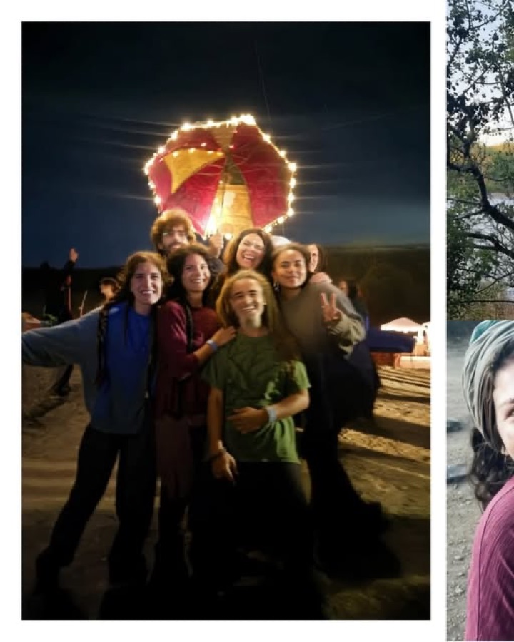 Grupo Om Rastas ao anoitecer, debaixo de uma estrutura iluminada